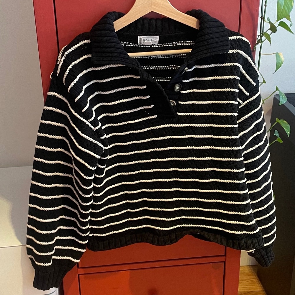 SAGE THE LABEL STRIPED BUTTON-UP SWEATER